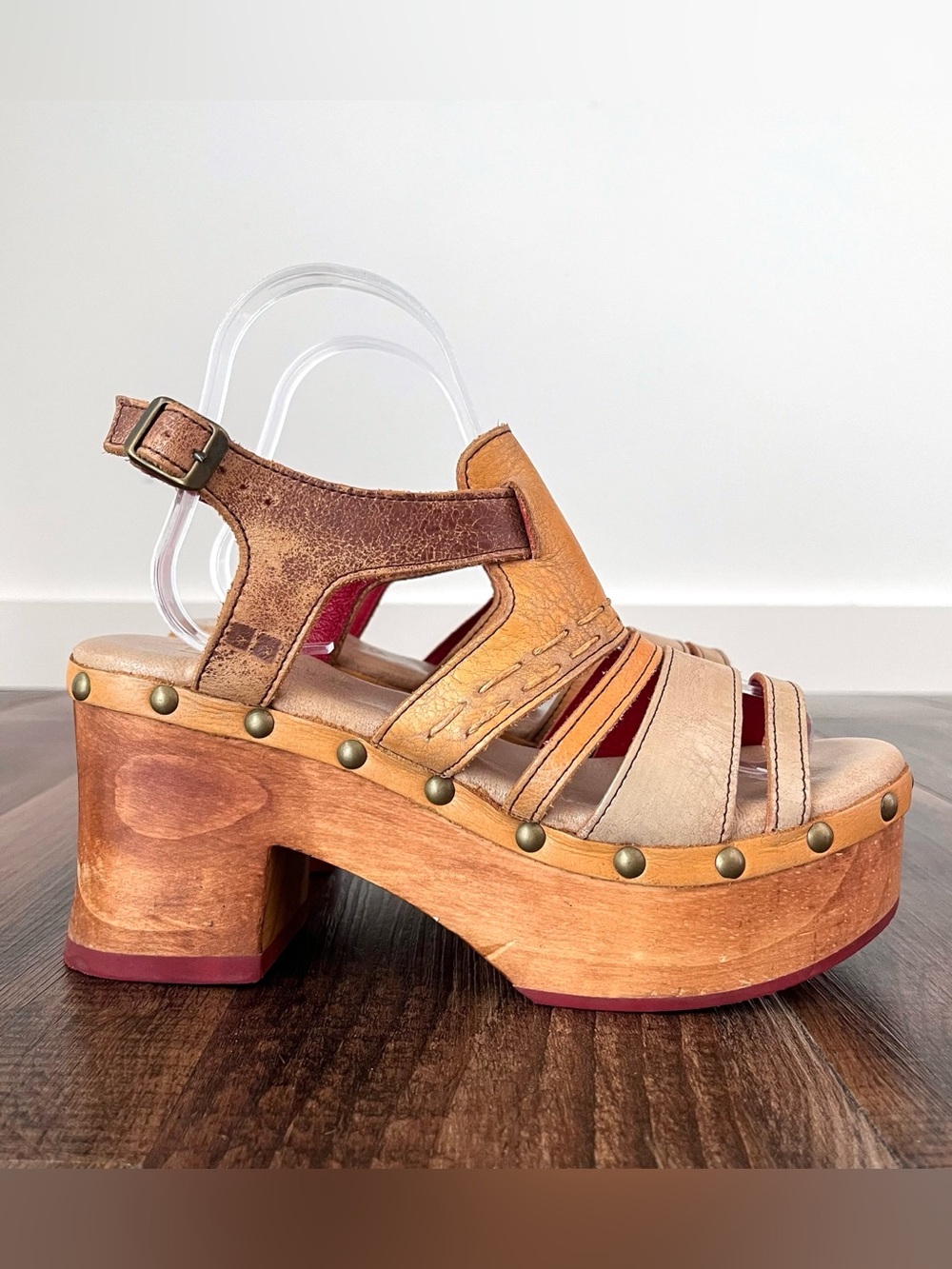 Bed Stu Falabella Leather Platform Sandal Wood Block Heel Studded Size 8.5 Multi - Picture 16 of 16